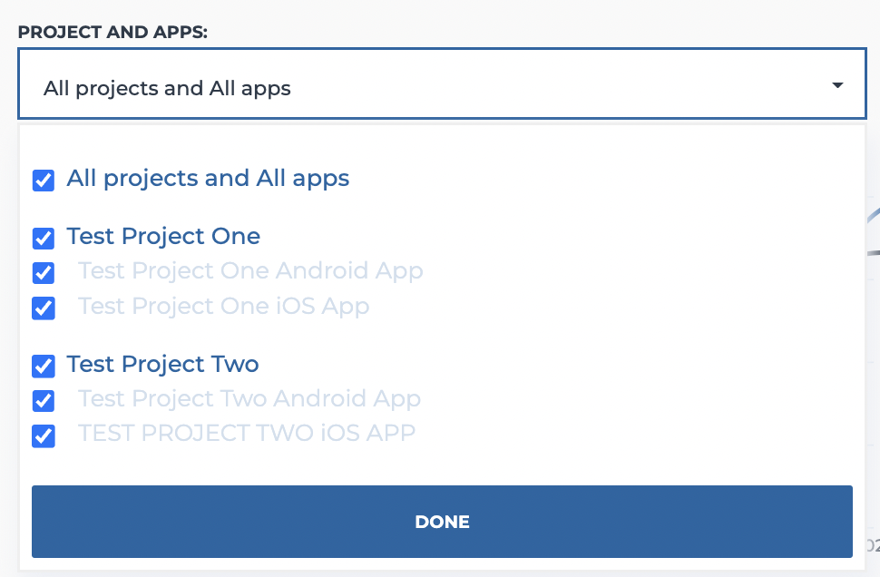 Projects and apps selection